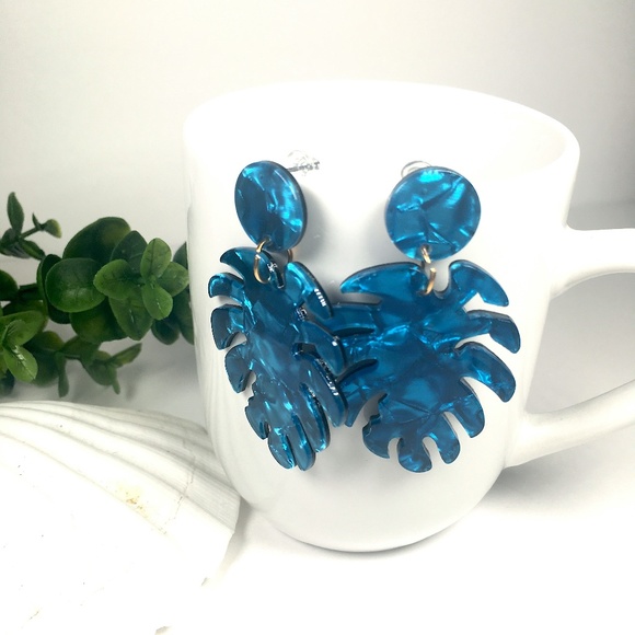 Blue Acrylic Resin Leaf Dangle Drop Earrings - Picture 1 of 4